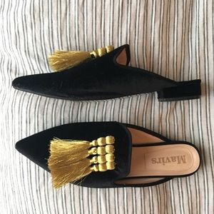 Mavirs Black Velvet Gold Tassel Mules 12